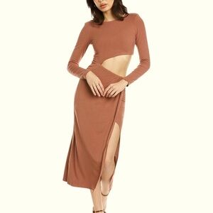ASTR THE LABEL WESTWOOD LONG SLEEVE SIDE CUTOUT MIDI DRESS IN BROWN SIZE SMALL.